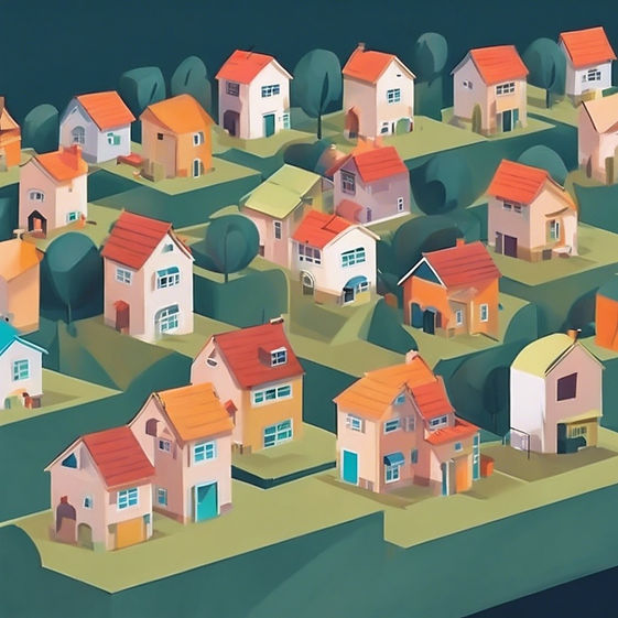 a small house between many houses surrou