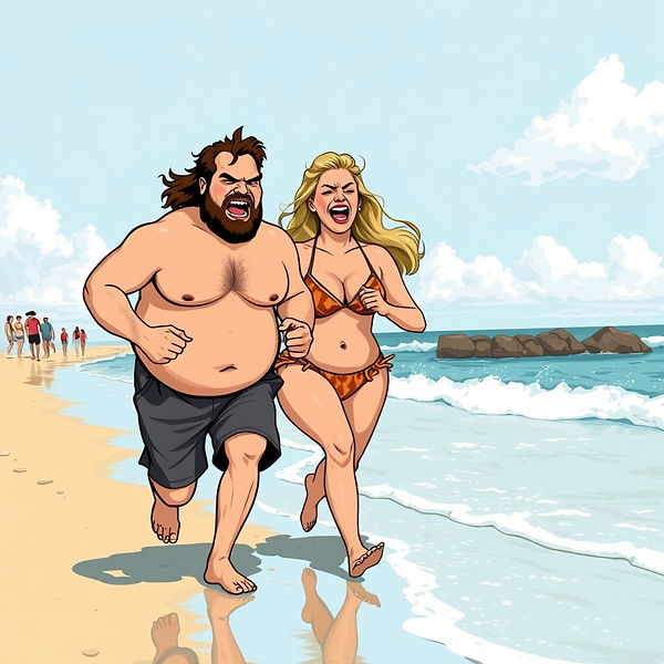 over weight couple running angry on the beach.jpg