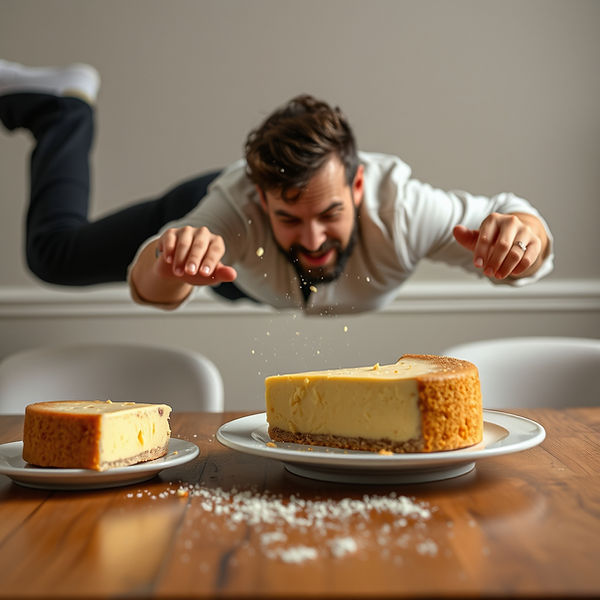 man falling on a table hitting a plate with a cheese cake  .jpg