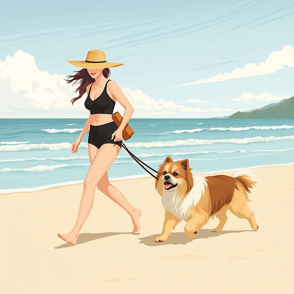 woman walking Pekinese dogs on the beach.jpg