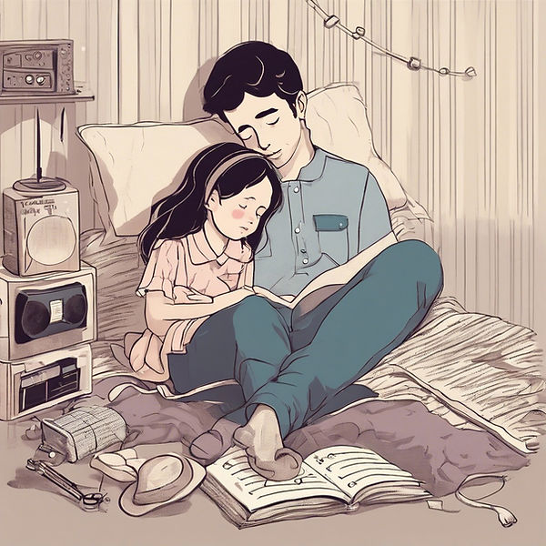 a little girl is dreaming about songs her father is beside her.jpg